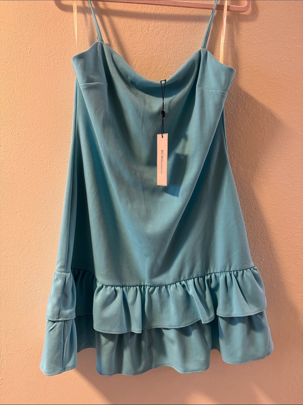 BCBGeneration Aqua Slip Dress with Cowl Neck and Double Ruffle Hem